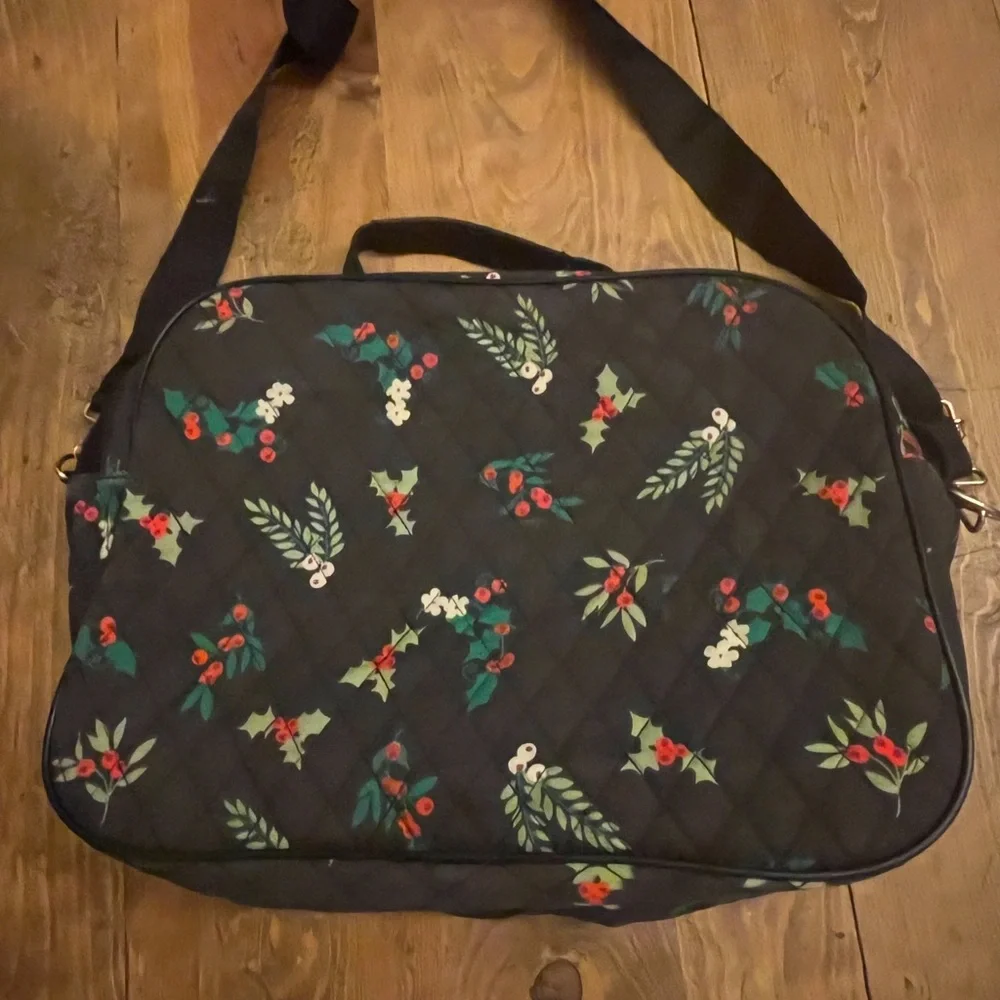 Quilted Women's Bag Black with Green, Red & White Floral Design
